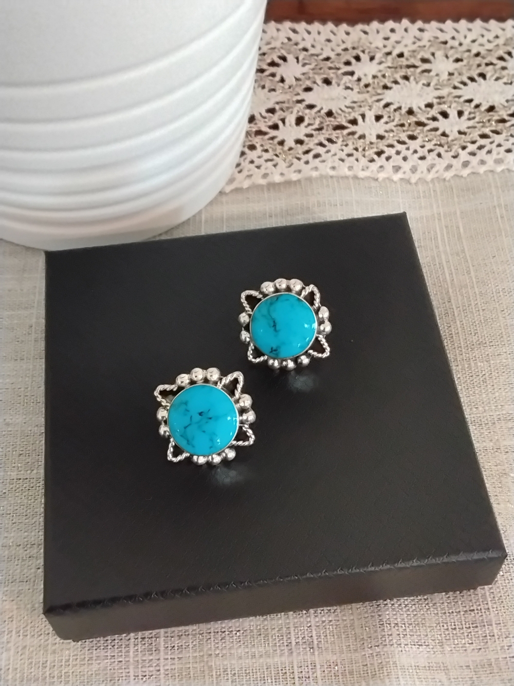 .950 Sterling Silver Real Turquoise Stud Earrings - Women Jewelry